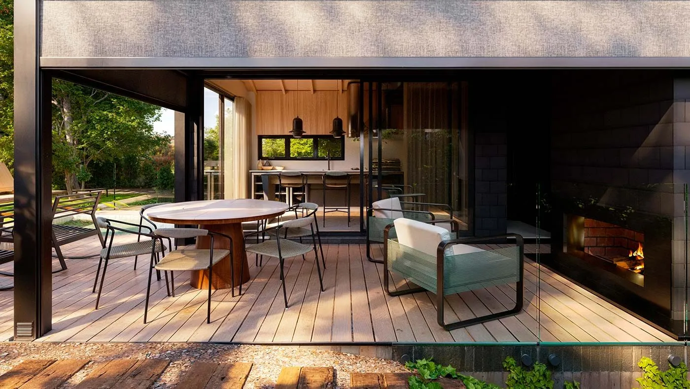 Fireplace com cobertura retrátil Isla, da Hunter Douglas
