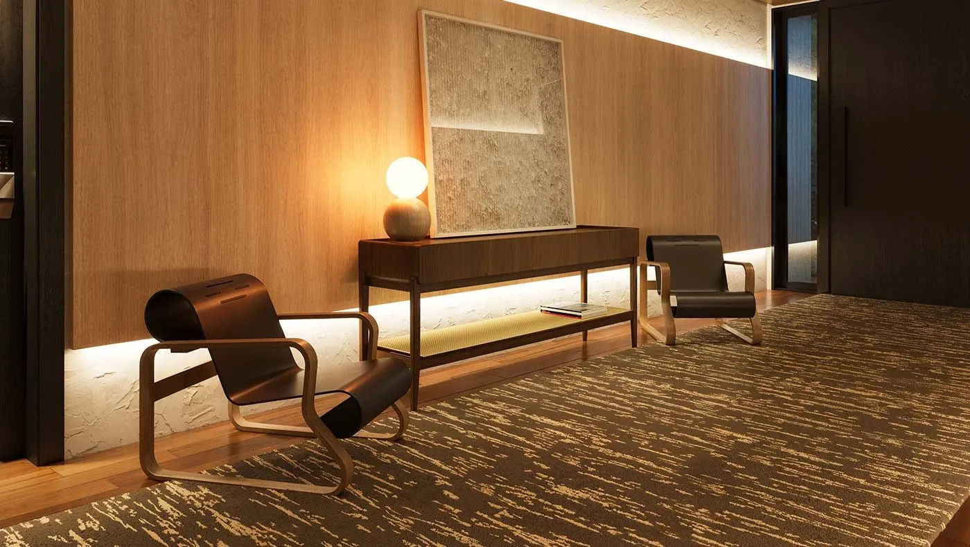 Hall com mobiliário assinado por Alvar Aalto